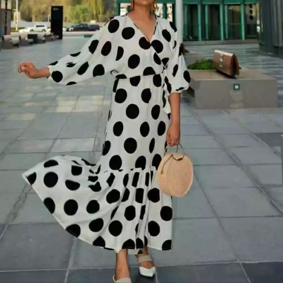 H&M Polka Dot Wrap White Black Midi Dress Size XS - Picture 2 of 12